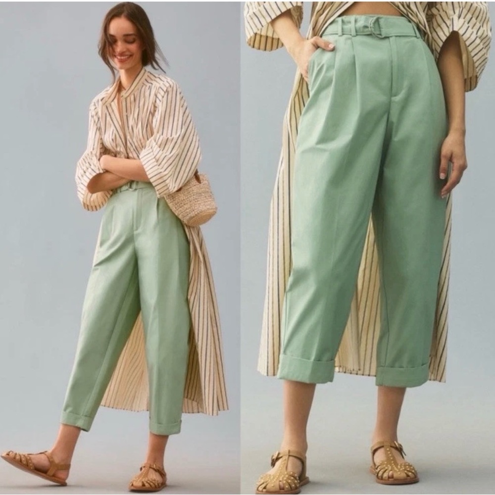Anthropologie Mint Green High-Rise Pleated Crop Pants